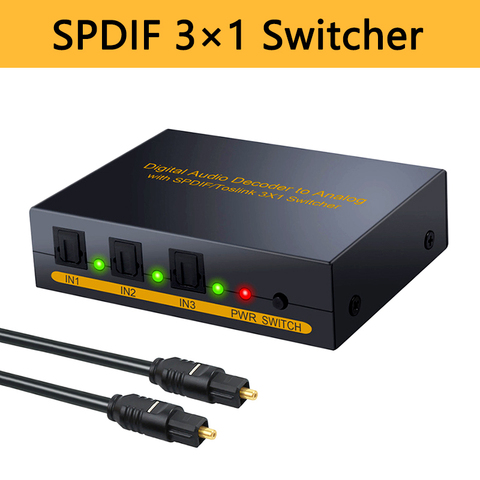 SPDIF-conmutador de Audio óptico Toslink 3x1, convertidor divisor, 3 en 1, salida a L/R, RCA, jack de 3,5mm para amplificadores ► Foto 1/6