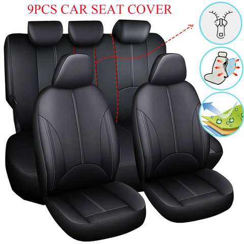 9 Uds. De funda protectora para asiento de coche, de piel sintética, conjunto completo delantero y trasero, impermeable, universal con cremallera para 5 asientos de coche ► Foto 1/6