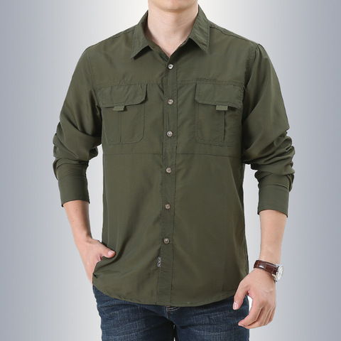 Camisa militar de manga larga para hombre, Camisa transpirable de secado rápido, para senderismo, pesca, montar en bicicleta, al aire libre ► Foto 1/6