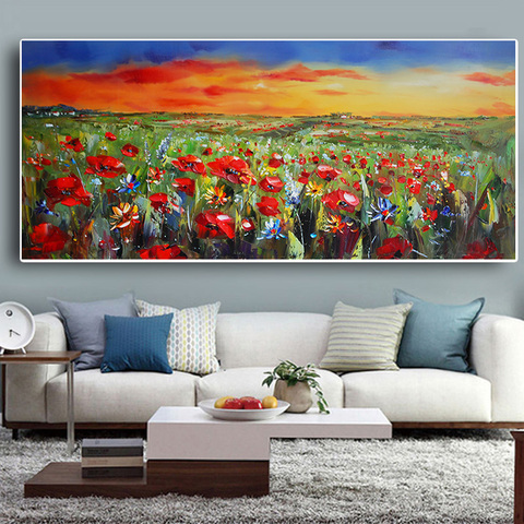 Abstracto rojo salvaje flores amapolas pintura al óleo sobre lienzo de paisaje moderno cartel Pastoral imagen artística para pared para sala ► Foto 1/6