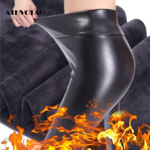 ATHVOTAR-mallas de cuero de talla grande para mujer, Leggings de Cachemira gruesa de cintura alta, elásticos, negros, de terciopelo, cálidas, ajustadas, para invierno ► Foto 1/6