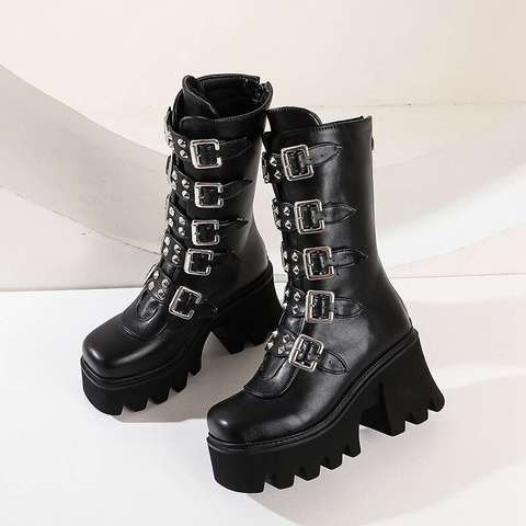 Botas altas de invierno con hebilla para mujer, zapatos de tacón de bloque de cuero, estilo gótico, Punk, con plataforma, Sexy ► Foto 1/6