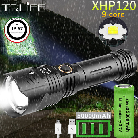 Linterna LED con Zoom XHP120 de 9 núcleos, recargable por USB, la más potente antorcha XHP99 xhp90 2022 5000, 18650 mAh, novedad de 26650 ► Foto 1/6