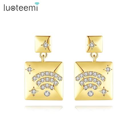 LUOTEEMI-pendientes de gota cuadrada para mujer, con diseño de señal WiFi, de circonita cúbica pequeña, joyería para citas, regalos de cumpleaños y Navidad ► Foto 1/6