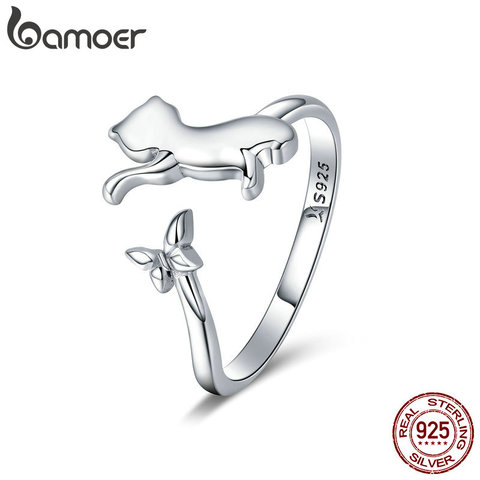 BAMOER-Anillo de plata de primera ley con forma de gato para mujer, sortija ajustable, plata esterlina 925, cola de mariposa, SCR443 ► Foto 1/6