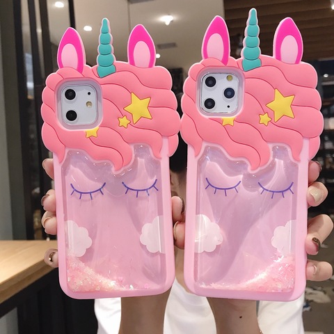 Funda de silicona con dibujos animados en 3D para Iphone, carcasa de silicona suave con dibujos de unicornios y arena movediza rosa para Iphone 11 Pro 5 5s SE 6 6s 7 8 Plus X XR Xs Max ► Foto 1/6