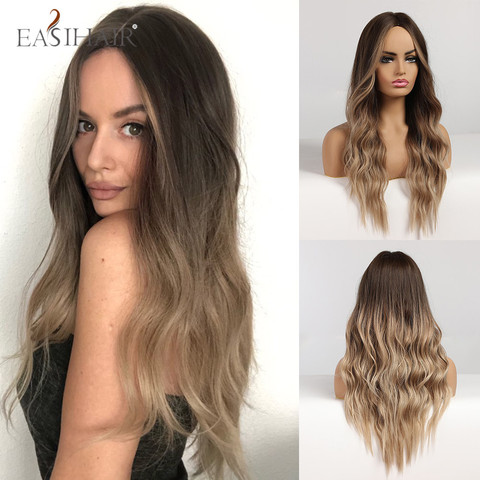 EASIHAIR-pelucas onduladas de cuerpo largo para mujer cabello sintético degradado, negro, marrón, Rubio, Cosplay, parte media Natural, resistente al calor ► Foto 1/6