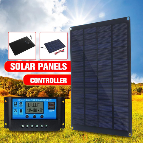 Panel Solar de 20W, 12V, 18V, con Clip de batería y controlador de cargador de coche Solar de 20A, células solares impermeables para exteriores, Camping y senderismo ► Foto 1/6