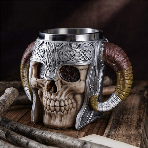 Taza de café de acero inoxidable con diseño de calavera vikinga, taza de viaje con cuerno para beber té, decoración de Halloween, Tiki de cerámica, 600ml ► Foto 1/6