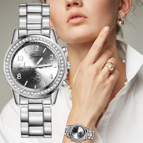 Reloj de plata 2022 con diamantes de agua para mujer, banda de acero inoxidable ► Foto 1/6