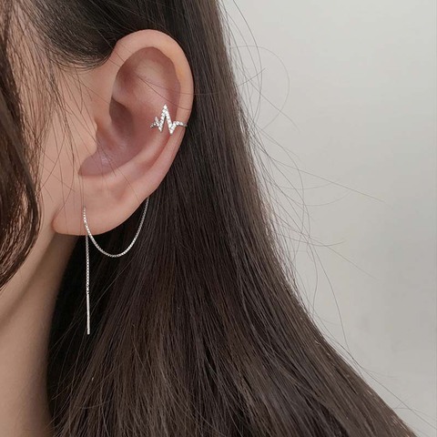 Pendientes de cadena de alambre para mujer y niña, aretes largos de circonita de diseño plateado, con ondas de latido del corazón, Clip para oreja, regalo para mujer y Niña 925 ► Foto 1/6