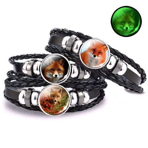 Pulsera brillante en las luminosas de noche para mujer, cabujón de cristal con foto de zorro, de cuero negro, hecho a mano, accesorio de regalo ► Foto 1/6