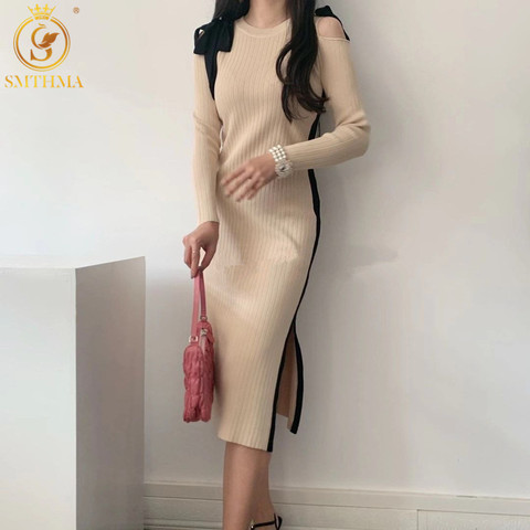 SMTHMA Corea Chic Vintage diseño de telas combinadas con lazo Sexy Vestido sin tirantes Mujer otoño manga larga jerséis de punto mujeres Vestido ► Foto 1/6