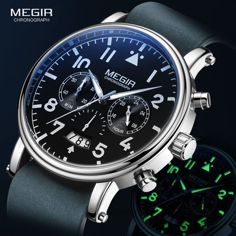 MEGIR-reloj de cuarzo con correa de cuero genuino para hombre, cronógrafo de pulsera, luminoso, azul, a la moda, nuevo, 2022 ► Foto 1/6