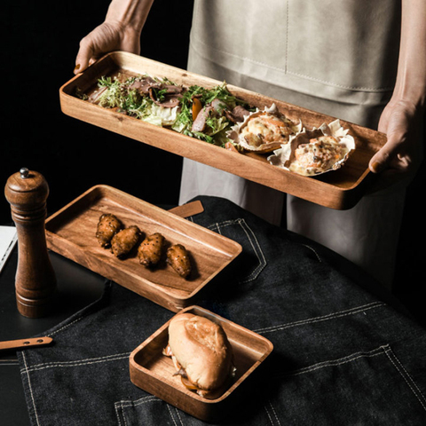 Bandeja para servir de madera de Acacia, platillo para té, artículos de mesa plato para cena, juego de aperitivos japoneses, comida Rectangular, almacenamiento de platos ► Foto 1/6