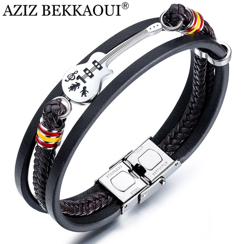 AZIZ BEKKAOUI-Pulseras de guitarra de acero inoxidable, pulsera de cuero personalizada con Logo personalizado, brazalete de cuerda ► Foto 1/6