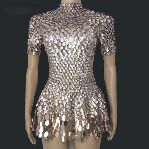 Mini vestido brillante de lentejuelas para mujer, traje con diamantes de imitación para celebración de cumpleaños, vestidos plateados, leotardo Sexy para discoteca ► Foto 1/6