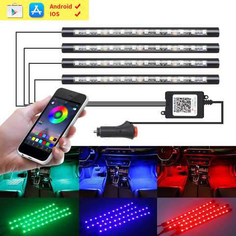 Uds coche pie RGB LED Interior de atmósfera luz ambiental con USB encendedor de cigarrillos App de música Control Bluetooth ► Foto 1/1