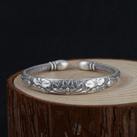 Brazaletes tibetanos de plata Vintage con seis palabras Mantra para mujer, brazalete de plata pura S990 Retro con Loto de pez abierto, joyería budista. ► Foto 1/6