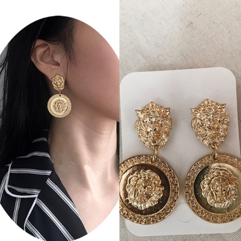 Pendientes de gota de cabeza de león para mujer, aretes simples y redondos, 1 pieza, de aleación Retro, geométricos, accesorios de joyería Vintage ► Foto 1/6