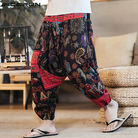 INCERUN 2022 hombres Harem Pantalones estampados Retro gota entrepierna Joggers pantalones de algodón hombres holgados Nepal estilo Casual pantalones de hombre s-5XL ► Foto 1/6