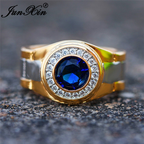 Aros de lujo para boda para hombre y mujer, piedra azul redonda, Color amarillo dorado, anillo de compromiso, joyería de circonita Bohemia ► Foto 1/6