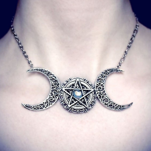 Triple Luna collar wiccan de triple diosa collar con Pentáculo pentagrama collar pagano collar ► Foto 1/6