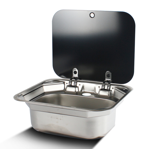 Lavabo de mano de acero inoxidable con tapa de vidrio templado para caravana, barco, autocaravana ► Foto 1/6