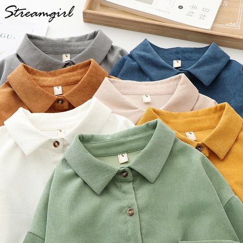 Streamgirl-camisa de pana Vintage para mujer, camisa básica holgada con botones de pana, amarilla, primavera y otoño ► Foto 1/6