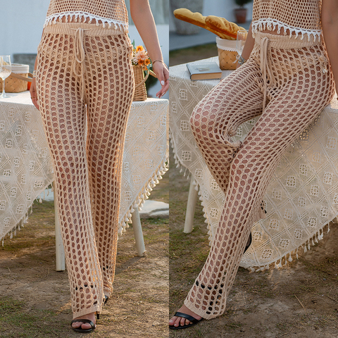 Pantalones de Crochet de pierna ancha para mujer, traje de baño transparente, para playa, Sexy, calado, largos ► Foto 1/6