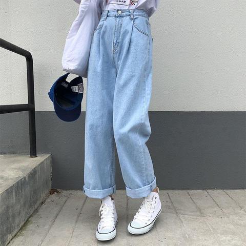 Pantalones vaqueros de las mujeres de la primavera novedad de verano Chic suelto de cintura alta, pantalones de Denim rectos Streetwear Casual de talla grande pantalones de pierna ancha ► Foto 1/6