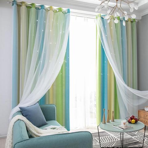 Cortina transparente con estrellas huecas para ventana de niña cortinas opacas de ventana de dormitorio, decoración del hogar ► Foto 1/6