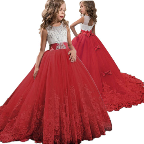 Vestido de encaje de niña en rojo bordado para fiesta de Navidad y cumpleaños, vestido de flores para boda, vestidos infantiles formales para niñas y adolescentes, 6 14 años ► Foto 1/6