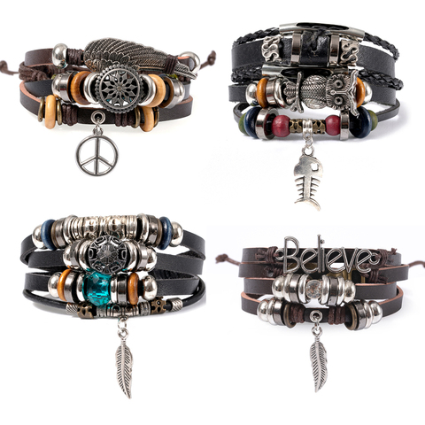 Eif-pulsera de cuero de varias capas con varias capas para hombre, brazalete bohemio con cadena, dijes, pulseras de búho, joyería ► Foto 1/6