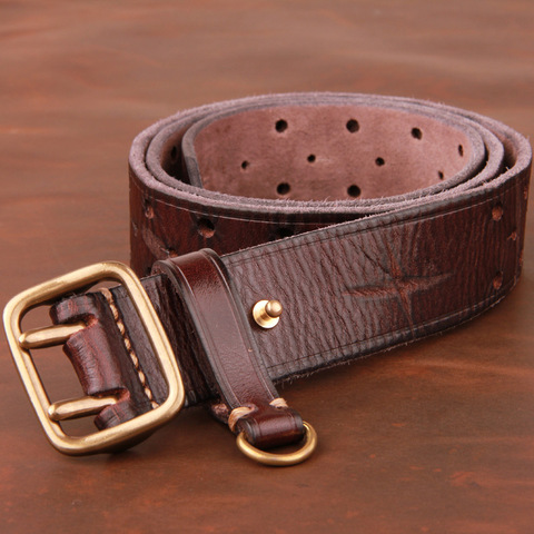 Cinturón de piel de vaca pura con hebilla de cobre de doble pin para hombre, cinturón de moda de lujo Retro de primera capa, Jeans con cinturones de cuero genuino ► Foto 1/6