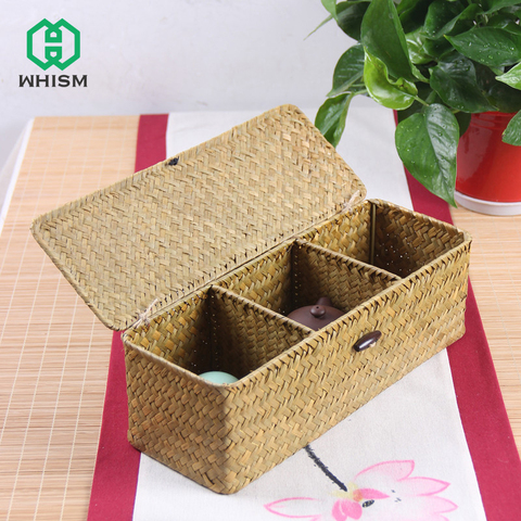 WHISM 3 rejilla hecha a mano de ratán caja de almacenamiento de paja de escritorio juego de té cestas de almacenamiento con funda de almacenamiento de joyería Vintage ► Foto 1/6