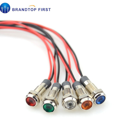 Luces de señal LED impermeables, lámpara indicadora con cable de metal, de 3V, 6V, 12V, 24V y 220V, disponible en amarillo, blanco, azul, rojo y verde, 6mm de tamaño, 1 unidad ► Foto 1/6