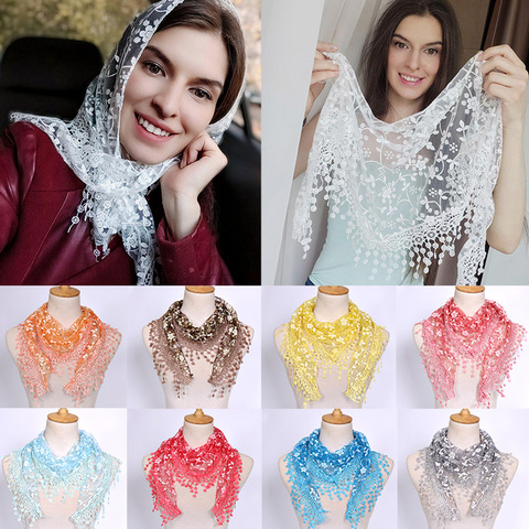 Chal de flecos para mujer, borlas de bufanda para mujer, bufandas huecas de seda, Hijab con colgante de encaje de flores, bufanda ► Foto 1/5