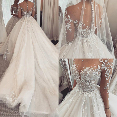 Vestido de novia de encaje bonito, traje de novia de manga larga transparente, ilusión hecha a medida, línea A, 2022 ► Foto 1/6