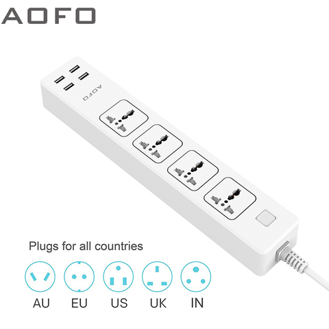 AOFO-regleta Universal de 4 salidas, con 4 puertos de carga USB, Protector contra sobretensiones para casa/oficina con cable de extensión de 5,9 pies ► Foto 1/6