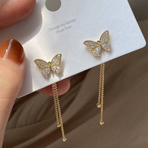 Pendientes largos para mujer borla con corazón, pendientes de borla cuadrados de pescado para chica, aretes de mariposa de temperamento largo para mujer Lazo de cristal ► Foto 1/6