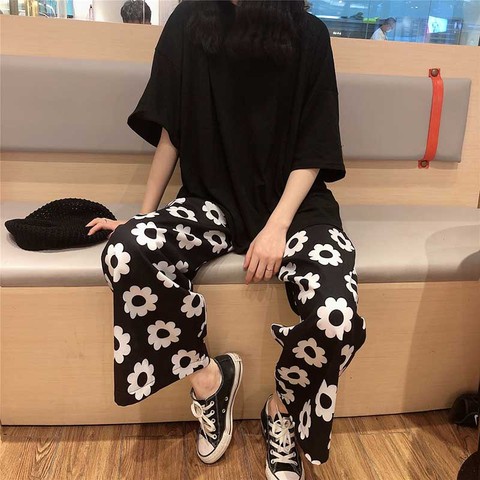 Lolita-Pantalones tobilleros holgados estilo coreano ulzzang Harajuku con estampado de flores de estilo hip hop, pierna ancha, 2022 ► Foto 1/6