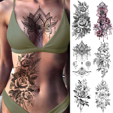 Pegatinas de tatuaje de transferencia al agua para mujer, joyería rosa púrpura, arte corporal en el pecho, tatuaje de chica temporal, pulsera de cintura, tatuajes florales ► Foto 1/6