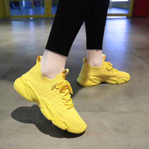 Zapatillas de correr para mujer, zapatos informales transpirables coreanos para deportes al aire libre, zapatillas de plataforma para caminar, color amarillo ► Foto 1/6