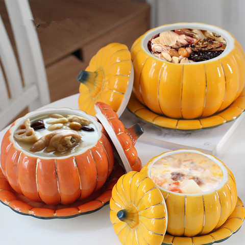 Cuencos de calabaza de cerámica con tapa, decoración hogareña cocina, mango creativo, ensalada, fruta, sopa, microondas, exquisita vajilla decorativa ► Foto 1/6