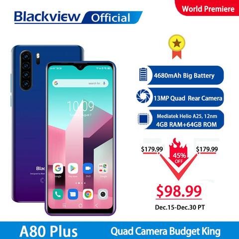 Blackview-teléfono inteligente A80 Plus, teléfono móvil 4G con Octa Core, 4GB RAM, 64GB ROM, cámara cuádruple trasera de 13,0mp, pantalla gota de agua de 6,49 pulgadas ► Foto 1/6