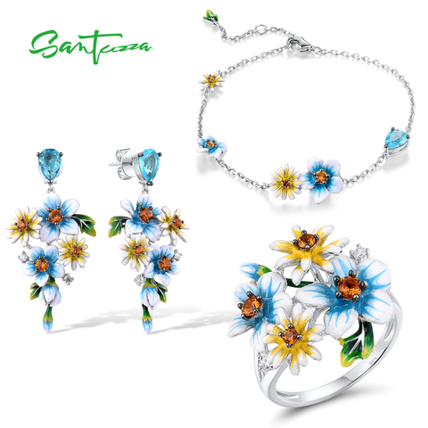 SANTUZZA-Conjunto de joyería para mujer, de Plata de Ley 925, esmalte elegante, aretes de flores amarillas y azules, conjunto de anillo y pulsera, joyería fina ► Foto 1/6