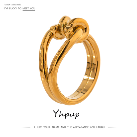 Yhpup de moda corbata redonda hueco de 18 K anillo de acero inoxidable de alta joyería de calidad temperamento Metal dorado dedo anillo partido de Gala en regalo ► Foto 1/6