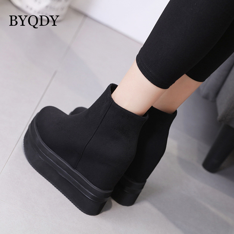 BYQDY-Botines de tacón grueso para mujer, calzado de plataforma con punta redonda de ante, tacones altos, con cremallera, color negro, para invierno ► Foto 1/6