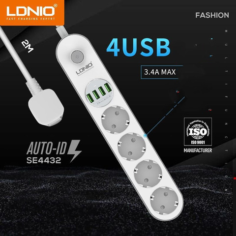 LDNIO-regleta con 4 salidas y 4 enchufes de extensión USB, tira de alimentación de 5V, enchufe europeo de 10A para xiaomi Home Network Filter Phone ► Foto 1/6